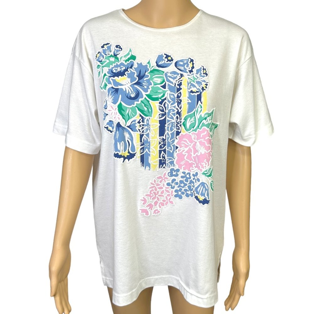 Vintage Southern Lady Womens M Textured‎ 3D Floral Short Sleeve Blouse Shirt